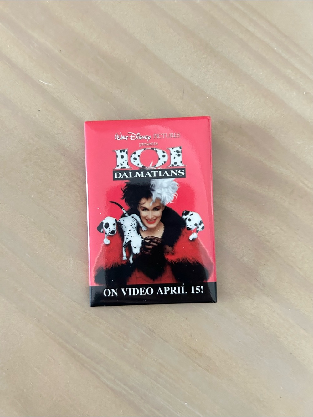 Vintage 90s Disney 101 Dalmatians Movie Promo Pin Cruella Coming to Video